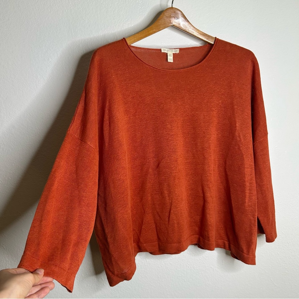 Eileen Fisher 100% Organic Linen Knit Pullover Slouchy Sweater Top Rust Orange